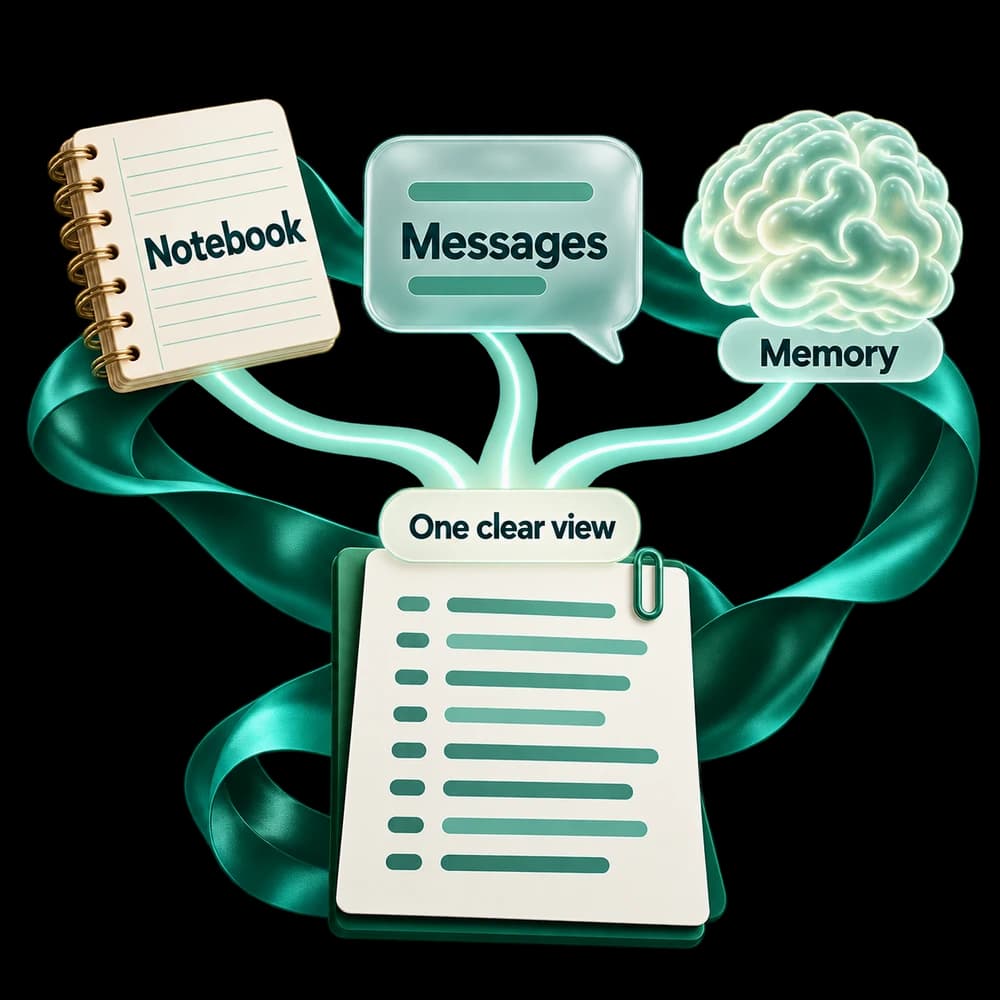 Notebook, Messages and Memory feed into One clear view, illustrated by three paths joining above a structured record, surrounded by a teal ribbon