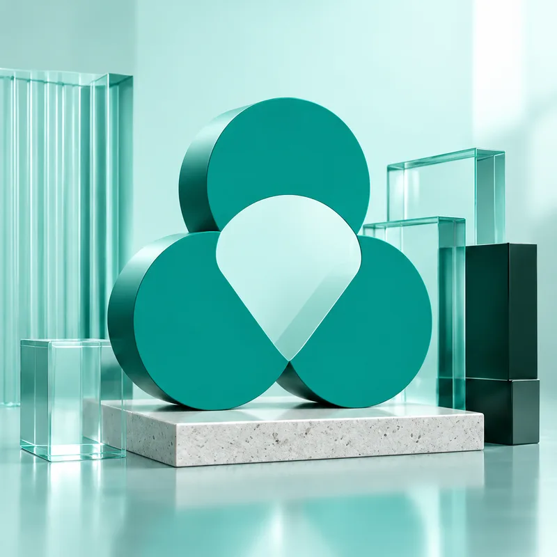 Sculptural teal OyaLinkup mark surrounded by glass forms