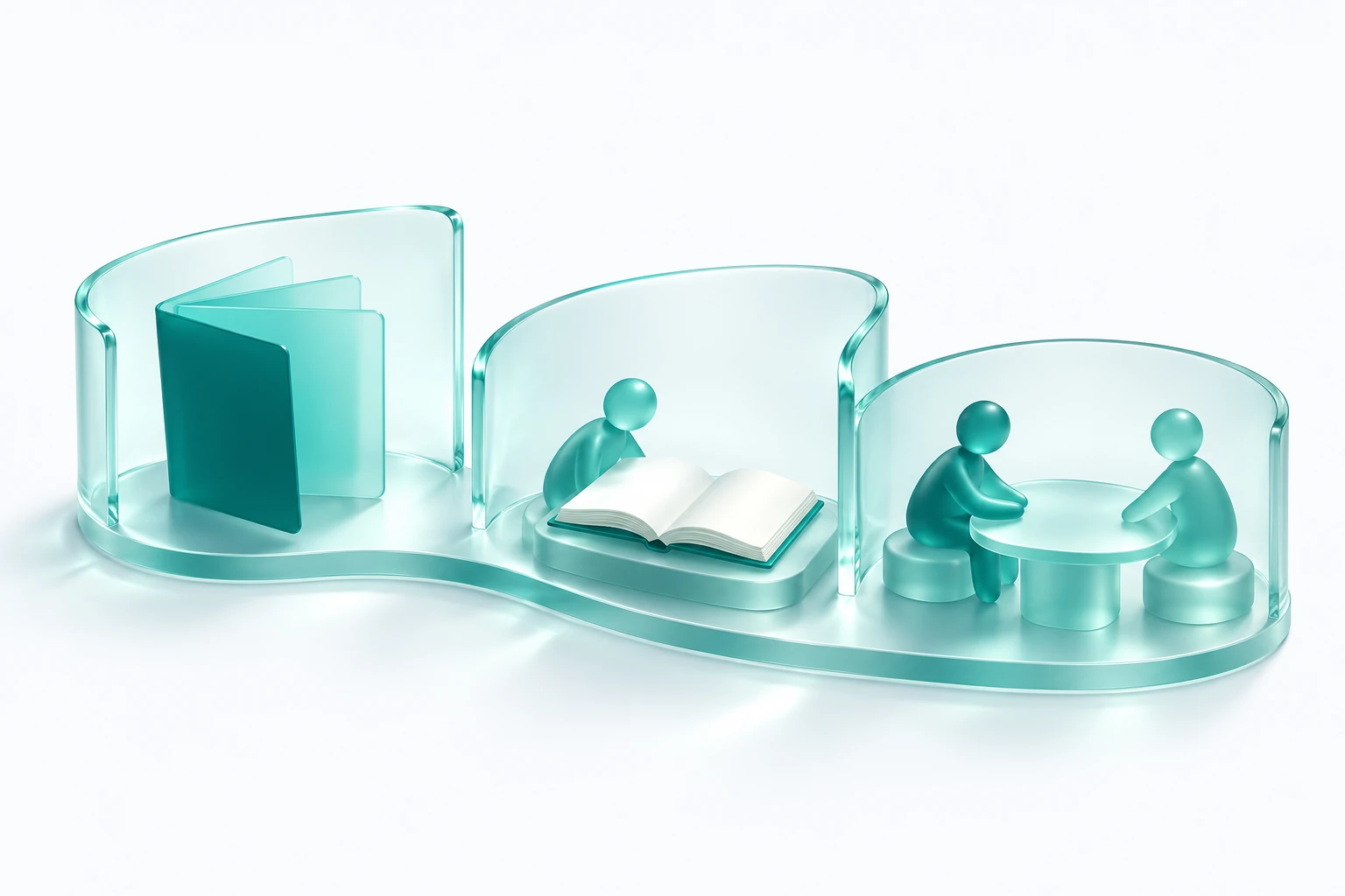 Conceptual glass bays with blank notice sheets, an open ledger and anonymous figures in discussion.