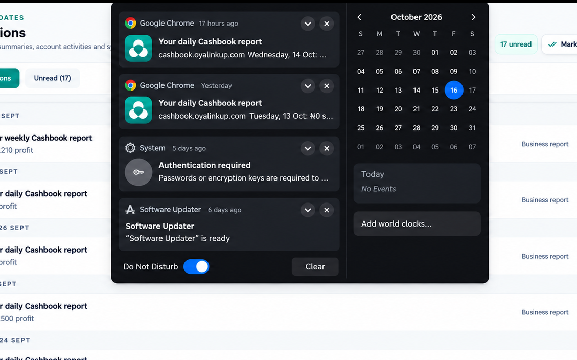 Desktop system notification panel showing daily Cashbook report notices