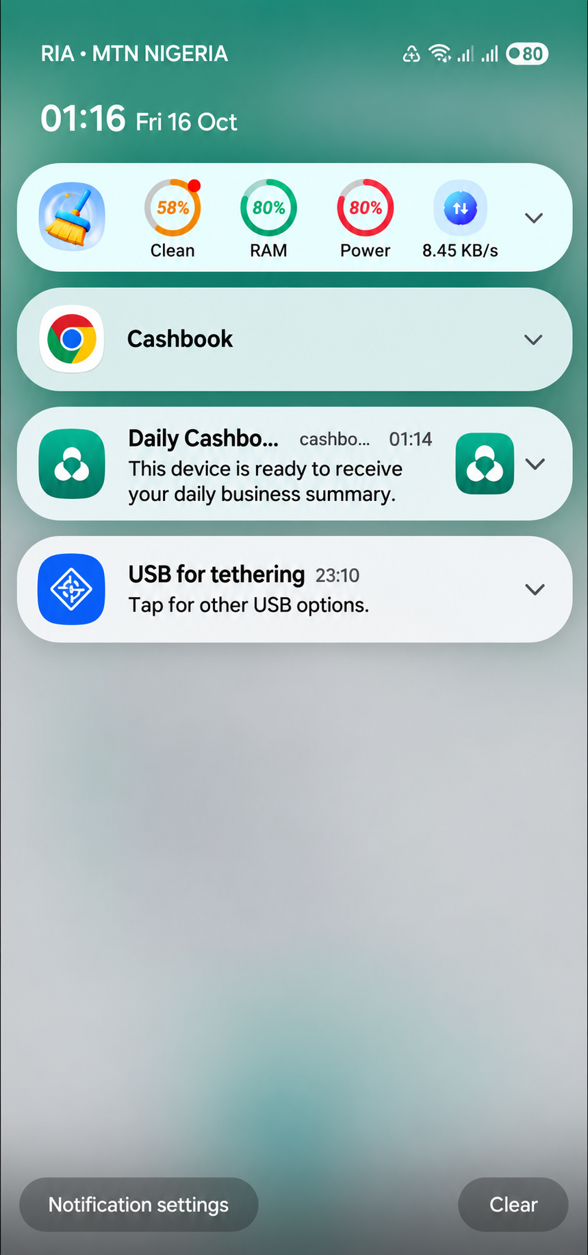 Android notification confirming that this device is ready to receive the daily business summary