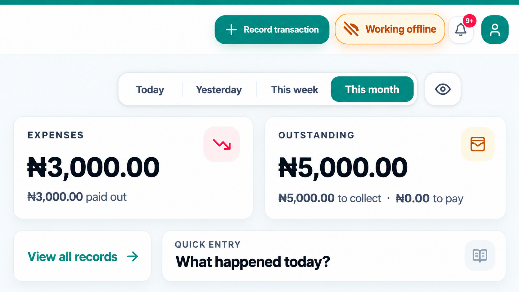 Daily Cashbook desktop overview showing Working offline, expenses and outstanding balances