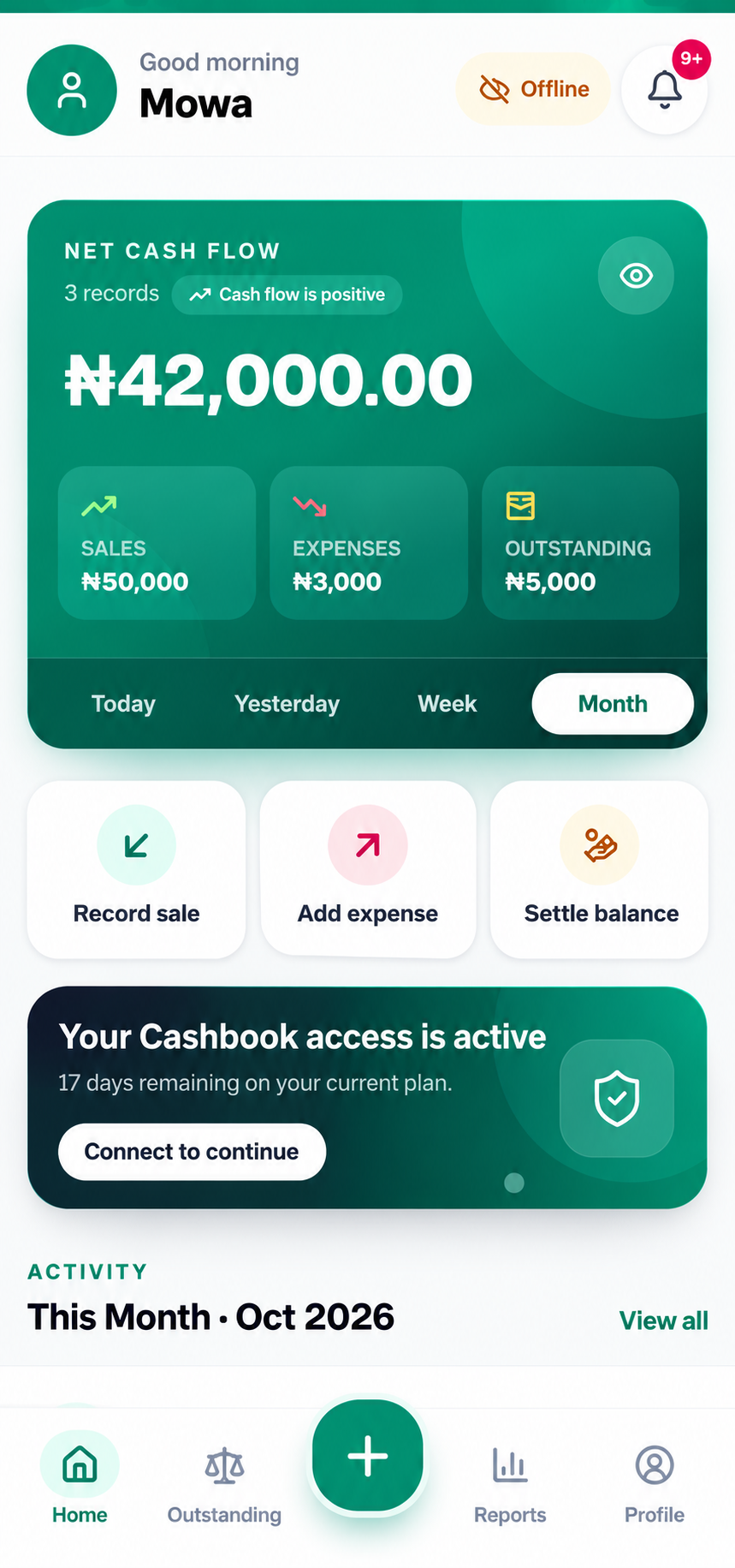 Daily Cashbook overview with the Offline status visible on mobile