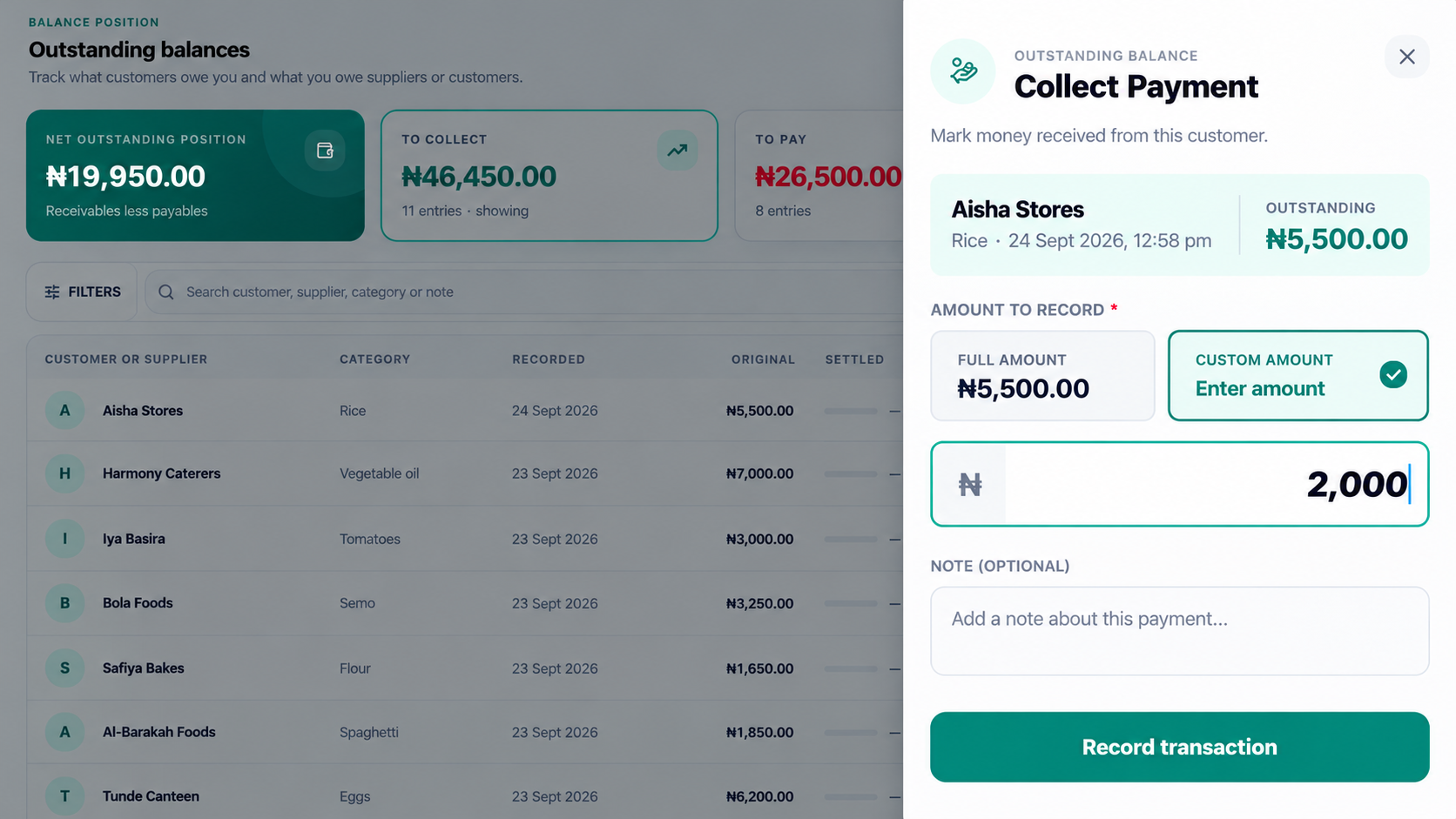 A partial payment form for Aisha Stores with 2,000 entered against an outstanding balance of 5,500, before confirmation