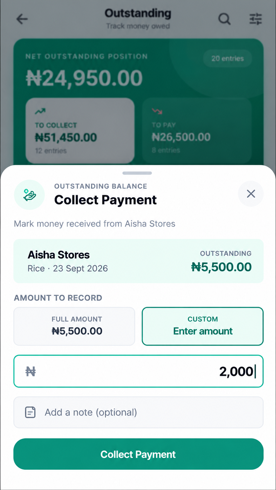 Mobile collect payment form with a custom amount of 2,000 entered against Aisha Stores' 5,500 balance, before confirmation