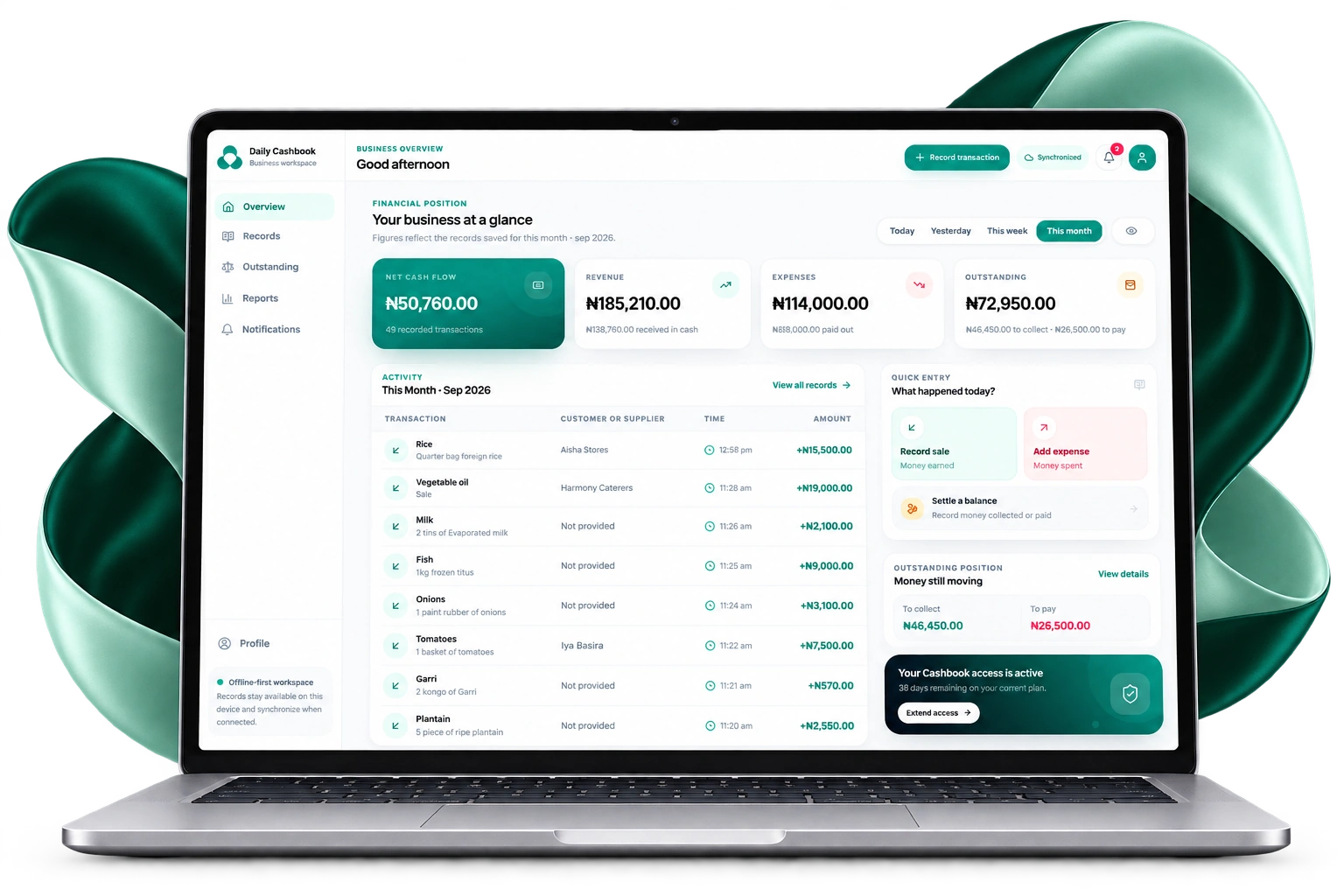 Daily Cashbook desktop overview showing business activity on a silver laptop with a teal ribbon