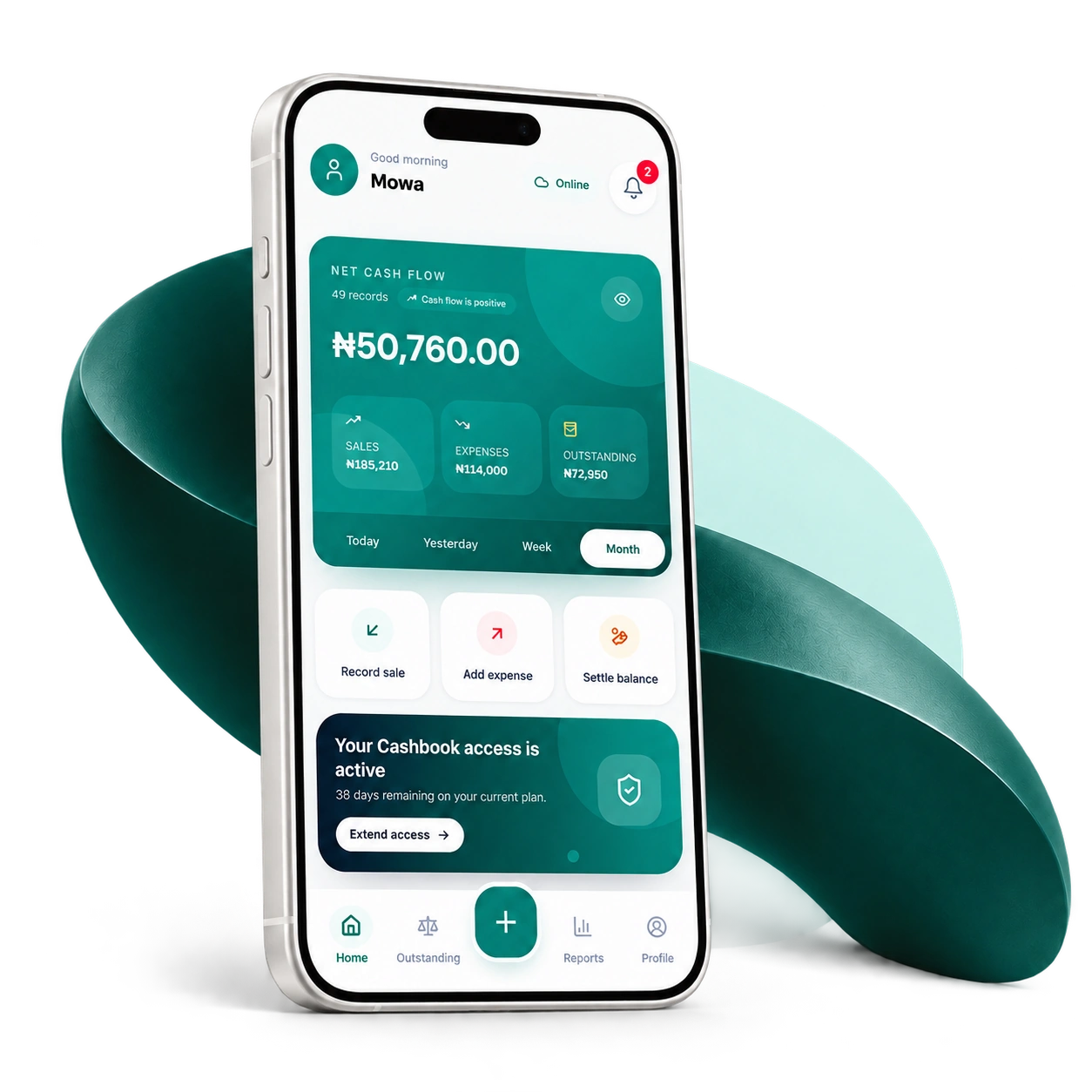 Daily Cashbook mobile overview showing business activity on a phone with a teal ribbon