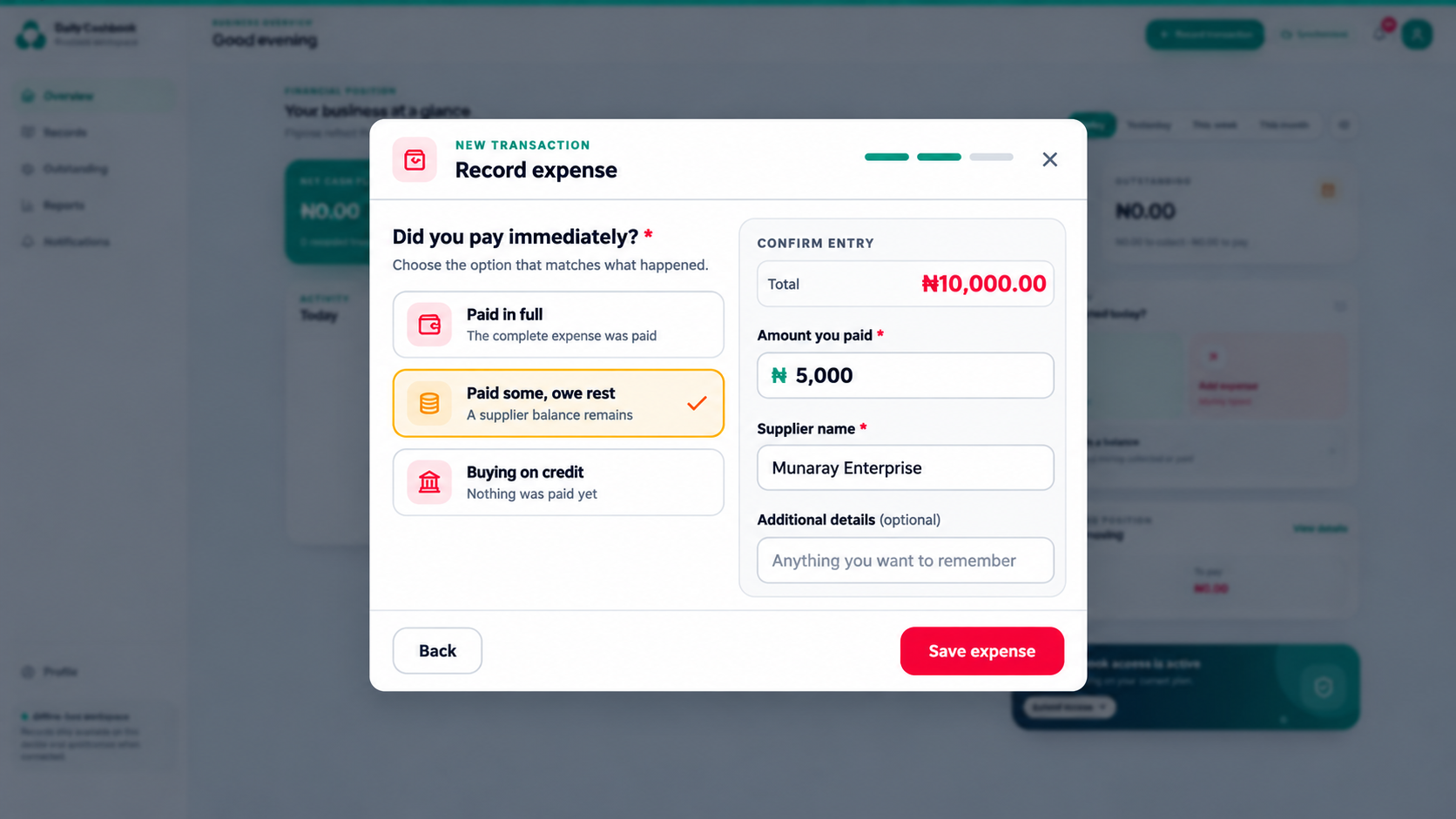 Daily Cashbook expense form with a partial payment