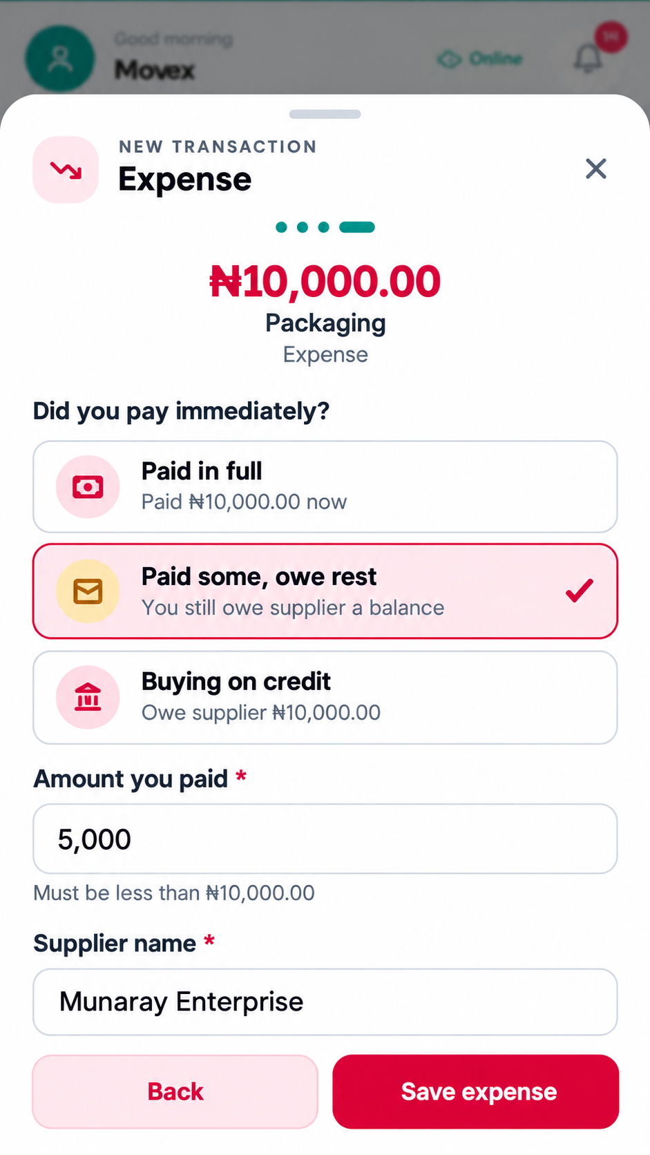 Daily Cashbook expense payment form on mobile