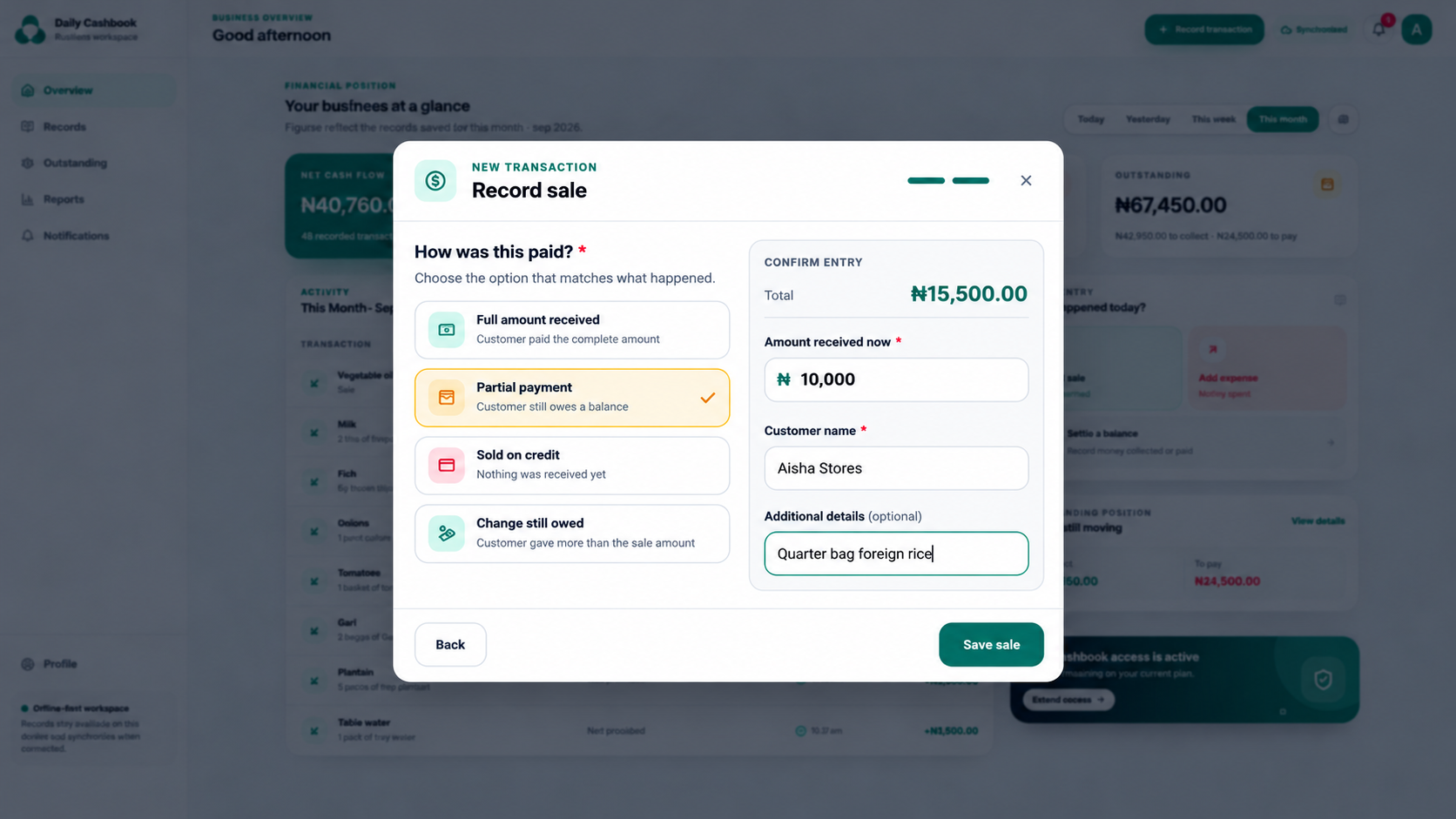 Daily Cashbook sale form with a partial payment