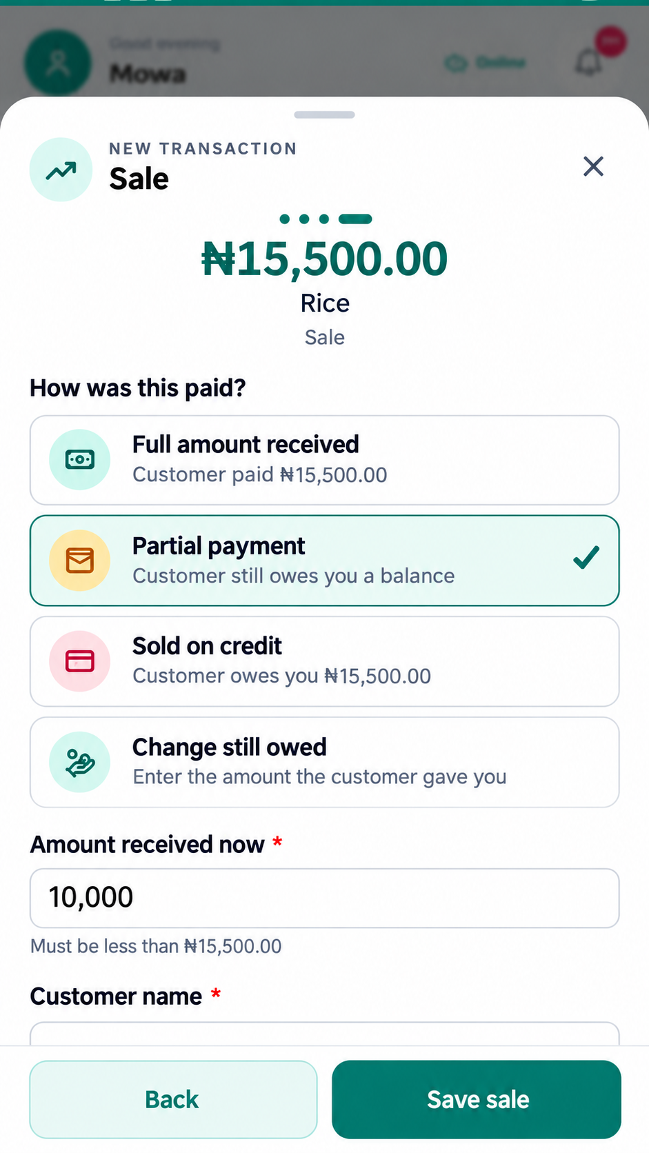 Daily Cashbook sale payment form on mobile